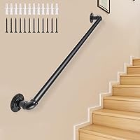 VEVOR Pipe Stair Handrail, 2FT Staircase Handrail, 440LBS Load Capacity Carbon Steel Pipe Handrail, Industrial Pipe Handrail with Wall Mount Support, Round Corner Wall Handrailings for Indoor, Outdoor