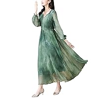 Women's Vintage Elegant Mulberry Silk Print Dresses Summer 3/4 Sleeve Crew Neck Casual Loose Cocktail Party Prom Long Dress