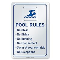 SmartSign 15 x 10 inch “Pool Rules - No Glass, No Diving, No Running, No Food In Pool, Swim At Your Own Risk, No Exceptions” Sign with Symbol, Digitally Printed, 55 mil HDPE Plastic, Blue and White