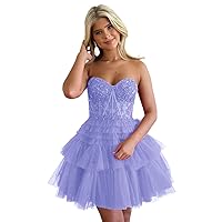 Glitter Tullle Lace Prom Dresses Short Strapless Tiered Homecoming Dress for Teens Corset Cocktail Party Gown