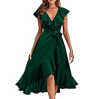 Women's Solid V-Neck Short Sleeved Ruffled Edge Elegant Dress Sumer Bohemian Dresses for Women 2024