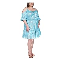 Michael Kors Womens Aqua Ruffled Cold Shoulder Smocked Waist Tie Lined Elbow Sleeve Split Above The Knee Party Fit + Flare Dress Plus 0X