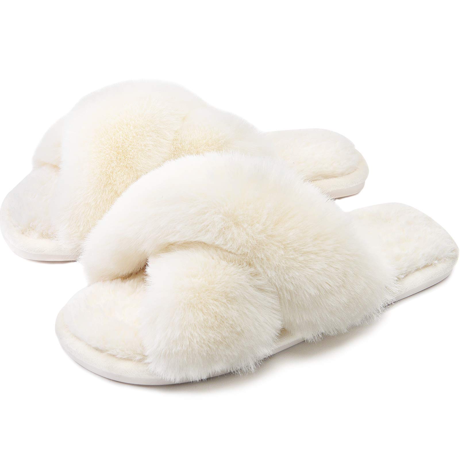 Womens Cross Band Slippers Cozy Furry Fuzzy House Slippers Open Toe Fluffy Indoor Shoes Outdoor Slip on Warm Breathable Anti-skid Sole
