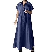 Women Button Down Cotton Linen Oversize T-Shirt Dresses Short Sleeve Lapel Casual Solid Boyfriend Midi Tunic Dress