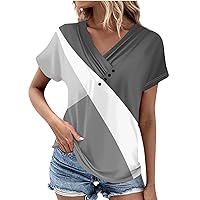 Tops Women Trendy Vintage Tops for Women Summer Print Casual Fashion Button Patchwork with Short Sleeve V Neck Ruched Blouses Dark Gray Medium