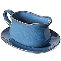 17oz Gravy Boat with Saucer Stand, Set of 1, Ceramic Sauce Boat with Tray for Salad Dressings, Creamer, Broth, Black Pepper, Ceylon blue