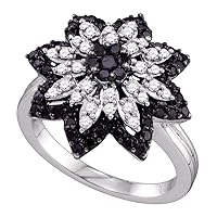 The Diamond Deal 10kt White Gold Womens Round Black Color Enhanced Diamond Flower Cluster Ring 7/8 Cttw
