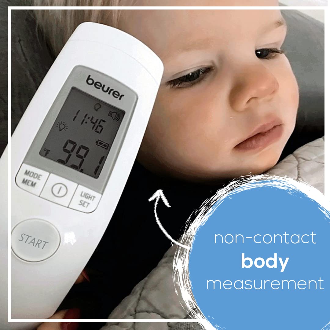 Beurer 3-in-1 Forehead Non-Contact, Body, Surface, Room Temperature, High Accuracy, Large Blue Backlit LCD Display Thermometer, 60 Memory Spaces, FT90 White, 32 Count (Pack of 1)