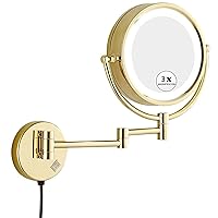 Gold Wall Mounted LED Makeup Mirror 8.5 Inches 3X Magnification, Lighted Double Sided Magnifying Makeup Mirror for Bathroom Hotel Spa