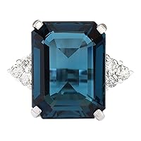 13.04 Carat Natural London Blue Topaz and Diamond (F-G Color, VS1-VS2 Clarity) 14K White Gold Cocktail Ring for Women Exclusively Handcrafted in USA