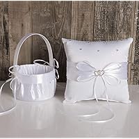 Ring Bearer Pillow and Wedding Flower Girl Basket Set Love Rhinestones Satin Collection Wedding Anniversary Celebrations Party Decoration (White)