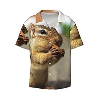 Cute Squirrel Men's Summer Short-Sleeved Shirts, Casual Shirts, Loose Fit with Pockets