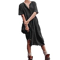 Women's Casual Dress Retro Solid Crewneck Button Short Sleeve Knee Length Midi Dress