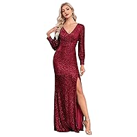Women Sequin Formal Long Prom Dress Sexy V-Neck Long Sleeves Slit Party Maxi Cocktail Evening Gown