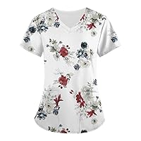 Oversized Spring Kawaii Scrub Womans Bicycle Short Sleeve Floral with Pockets Ladie's Loose Thin V Neck Light White XL