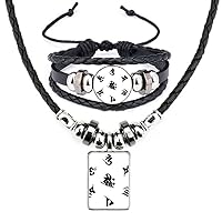 Religion Buddhism Sanskrit Character Pattern Leather Necklace Bracelet Jewelry Set