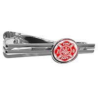 Firefighter Firemen Maltese Cross - Red Round Tie Bar Clip Clasp Tack - Silver