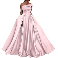 Women Spaghetti Strap Ball Gown Built-in Bra Satin Evening Swing Dresses with Slit A-Line Formal Prom Maxi Gowns