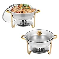 Restlrious Chafing Dish Buffet Set 2 Pack Round Stainless Steel Foldable Chafers and Buffet Warmers Sets Glass Lid in Gold Accents for Catering, 5 QT Full Size Set w/Water Pan, Food Pan, Fuel Holder
