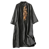 Women Dress Silk Fragrant Cloud Yarn Floral Embroidery Mock Neck 3/4 Sleeve Knee Length Black 2789