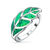 Personalized Boho Gemstone Green Created Opal Inlay South Western Nature Wrap Ivy Laurel Leaf Ring Western Jewelry For Women Teen .925 Sterling Silver Custom Engraved