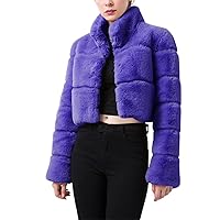 TUNUSKAT Womens Sexy Cropped Faux Fur Coat Long Sleeve Warm Stand Collar Fox Faux Fur Jacket Winter Short Cute Fuzzy Outwear