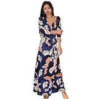 Woman V Neck Dresses Print Belted Wrap Long Dress Half Sleeve Casual Beach Maxi Robe Party