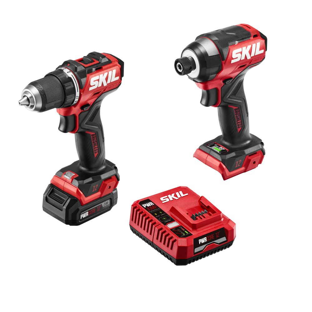 SKIL PWR CORE 12 Brushless 12V Compact Drill Driver & Impact Driver Kit Includes 2.0Ah Battery and PWR JUMP Charger - CB8429A-10