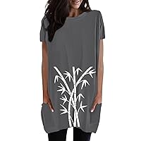 Tops for Women Casual Spring Plus Size 3/4 Sleeve Women Casual Round Neck Solid Color Pocket Print Long Tshirt