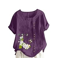 Cotton Linen Tops for Women Short Sleeve Butterfly Flower Printed Crewneck Button Vintage Blouse Shirts Tops Plus Size