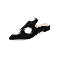 Mules for Women Pointed Toe Comfortable Flats Backless Loafers with Pom Poms