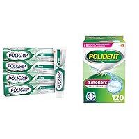 Super Poligrip Zinc Free Denture and Partials Adhesive Cream, 2.4 Ounce (Pack of 4) & Polident Smokers Denture Cleanser Tablets - 120 Count