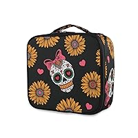 ALAZA Makeup Case Mexican Skulls and Floral Cosmetic Bag Organizer Travel Portable Storage Toiletry Bag Makeup Train Case with Adjustable Dividers for Teens Girls Women