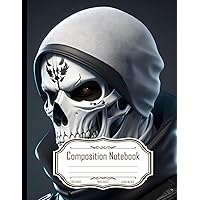 Composition Notebook Wide Ruled: Man with CGI Face, Character Sheet, White Neck Gaiter with Black Vector Skulls, Lightningwave, 3D, Size 8.5x11 Inches, 120 Pages