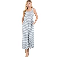 Women's Grey Striped Sleeveless Long Dress w Pockets