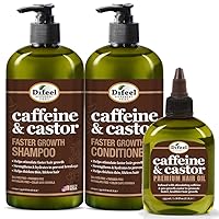 Difeel 3-PC Caffeine & Castor Shampoo, Conditioner & Hair Oil for Faster Hair Growth - with 33.8oz Shampoo, 33.8oz Conditioner & 7.78oz Hair Oil