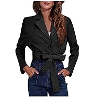 QIGUANDZ Women Casual Belted Crop Blazer Jackets Corduroy Long Sleeve Notch Lapel Solid Suit Jacket Dressy Fashion Blazers