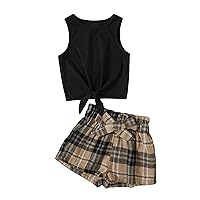 OYOANGLE Girl's 2 Piece Outfits Summer Tie Knot Tank Top and Paperbag Waist Striped Shorts Set