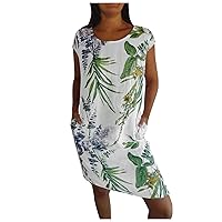 XJYIOEWT Midi Dresses for Women 2024,Women's Cotton and Linen Round Neck Printed Dress Needream Dresses Needream Cotton