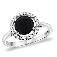 Sabrina Silver 14K White Gold Natural Black Onyx Halo Engagement Ring Round 8 mm, Sizes 5-10