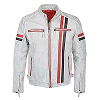 Mens Vintage Cafe Racer Retro White Motorcycle Red Black Stripes Biker Cowhide Leather Jacket
