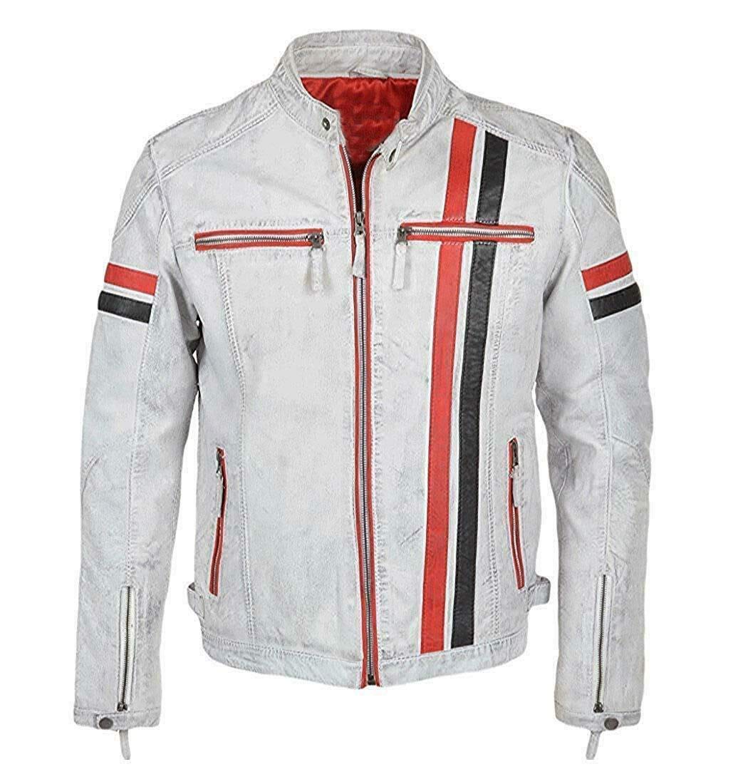 UGFashions Mens Vintage Cafe Racer Retro White Motorcycle Red Black Stripes Biker Cowhide Leather Jacket