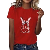Womens Tops and Bottoms Women‘s Casual Easter Cute Bunny Print Crew Neck Short Sleeves Loose Tshirt Blouse Top