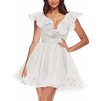 Women's Organza Short Homecoming Dresses Ruffle V-Neck Ball Gowns Party Dress Short Prom Dresses A-Line Cocktail Gowns