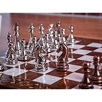Metal Chess Set for Adult Staunton Chess Figures Handmade Bronze Chess Pieces and Solid Inlaid Wooden Chess Board Gift Idea for Dad, Husband, Anyone for Birthday, Anniversary (Medium)