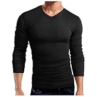 Mens Ribbed Waffle Knit Henley Shirt Long Sleeve V-Neck Casual Slim Fit Thermal Cotton Golf Fishing T-Shirts Undershirts