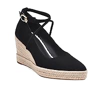 Womens Faux Suede Wedge Pumps Cross Ankle Strap Pointed Toe Casual Espadrille Platform Dress Shoes