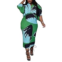 Sexy African Dresses Attire for Women V Neck Floral Pleated Midi Dress Plus Size