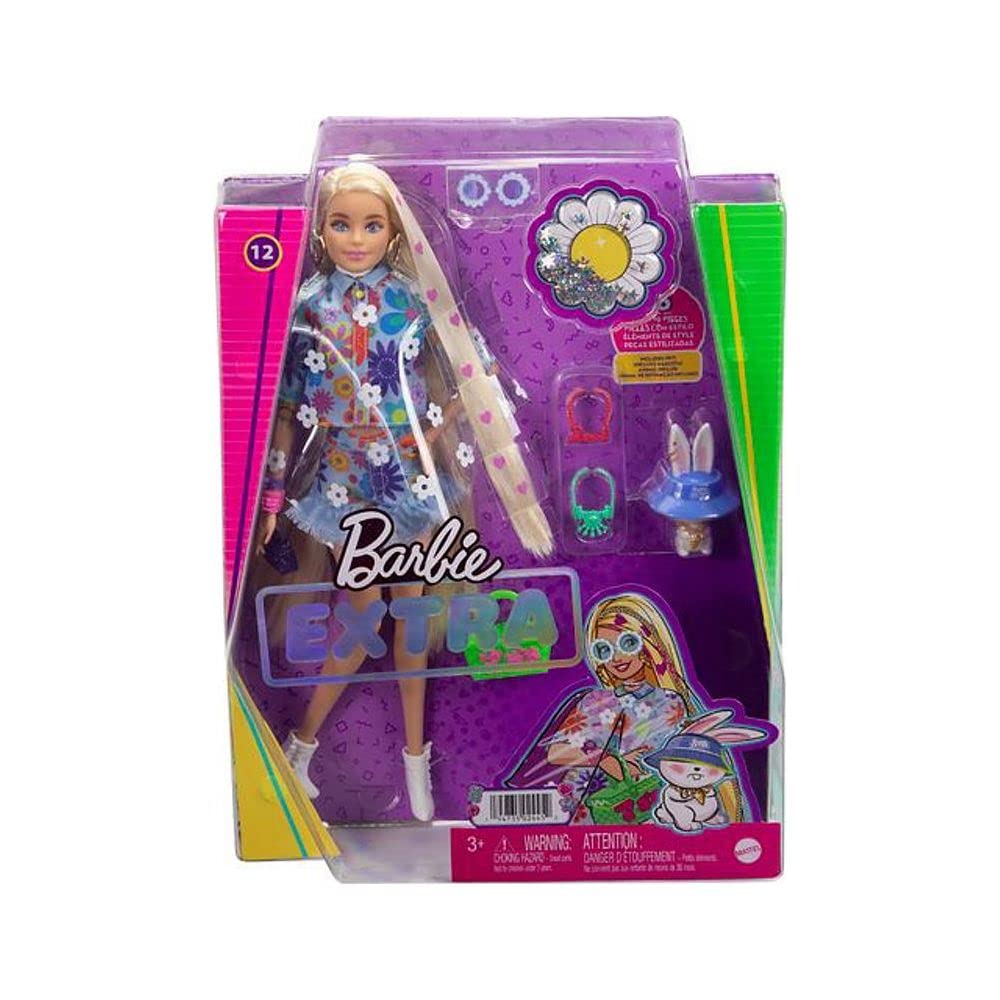 Barbie Extra Doll and Accessories with Extra-Long Blonde Hair Wearing Floral Outfit & Poncho with Pet Bunny 12 inch