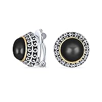 Balinese Button Style Two Tone Simulated Pearl Black Onyx Turquoise Dome Clip On Earrings For Women Non Pierced Oxidized Silver Plated